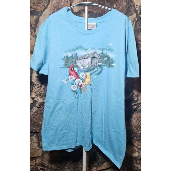 Top Stitch by Morning Sun Women's Tee Shirt Sz XL Cardinal Egg Shell Blue NWT - Picture 2 of 6